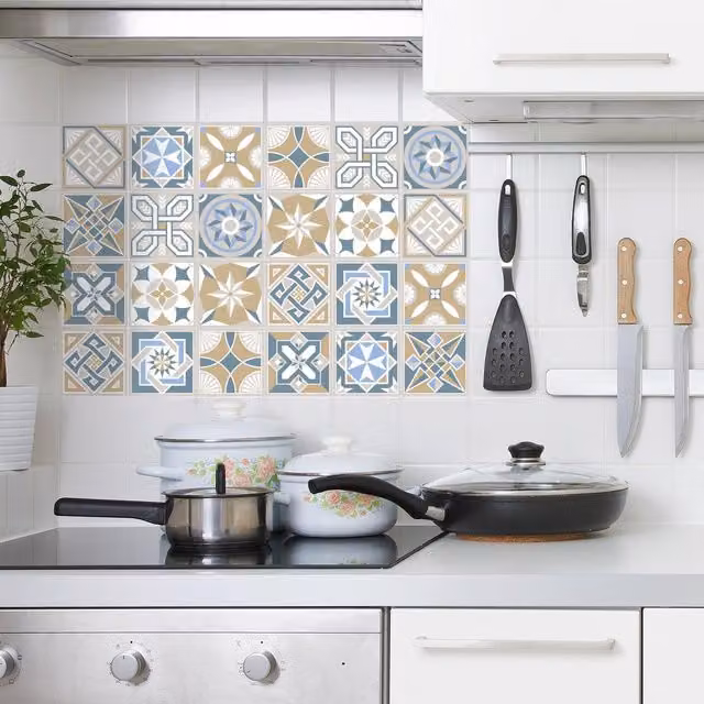 Walplus Adhesive Geometric Square Wall Tile Stickers, Multicolour and Grey, 10 x 10 cm (24 Pack)