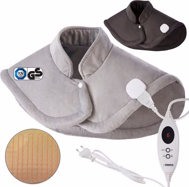 AREBOS Grey Fleece Electric Heating Pad for Shoulders, Neck and Back with Rapid Heat Up and Auto Shut Off