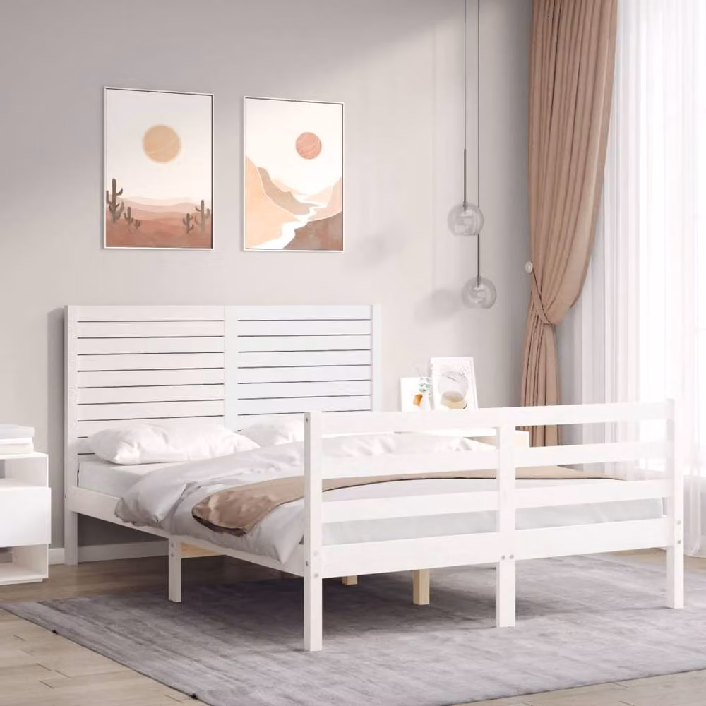 Berkfield Home Double Bed Frame with Headboard in White Solid Pine Wood, W/D/H: 140 x 200 cm – 2
