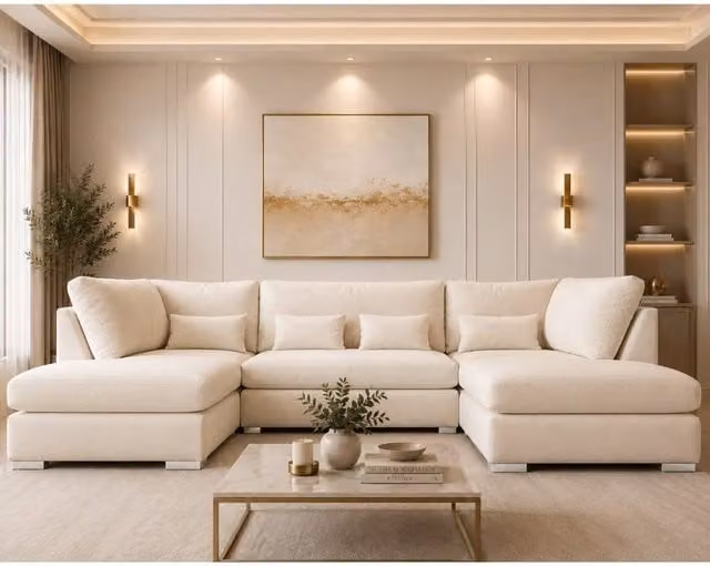 Home & Love London U Shape Cinema Fixedback Corner Sofa in Naple Cream Fabric