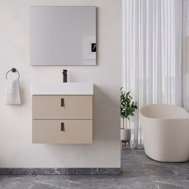 Banyetti Invicta 600mm Wall Hung Vanity with Veneto 1 Tap Hole Basin, Cashmere in Beige