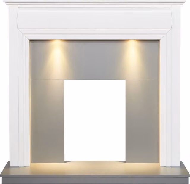 Adam Fires & Fireplaces Honley Wall Mounted Fireplace in White and Grey with Downlights, W: 121.92 cm, H: 117.0 cm, D: 38.0 cm