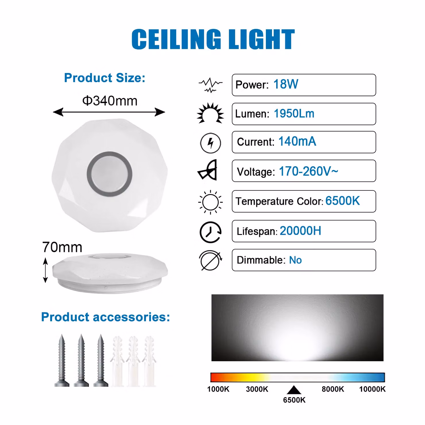 ExtraStar 18W LED Diamond Shape Flush Ceiling Light in White, 1950 Lumen, Cool White 6500K – 2