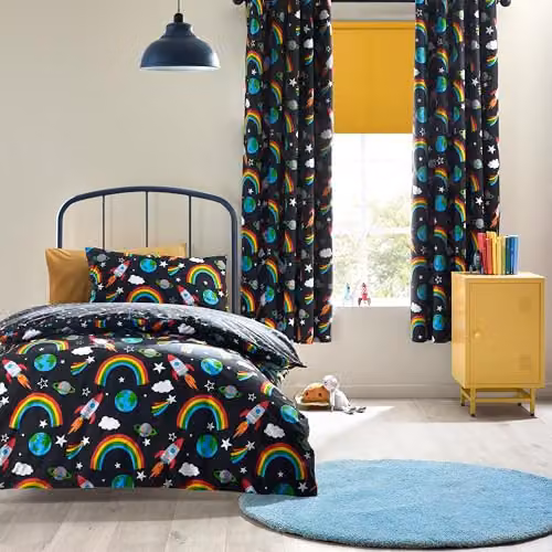 Catherine Lansfield Rainbow Rockets Reversible Double Duvet Cover and Pillowcase Set, Black and Multicolour, Duvet Cover: 200 x 200 cm, Pillowcase: 50 x 75 cm