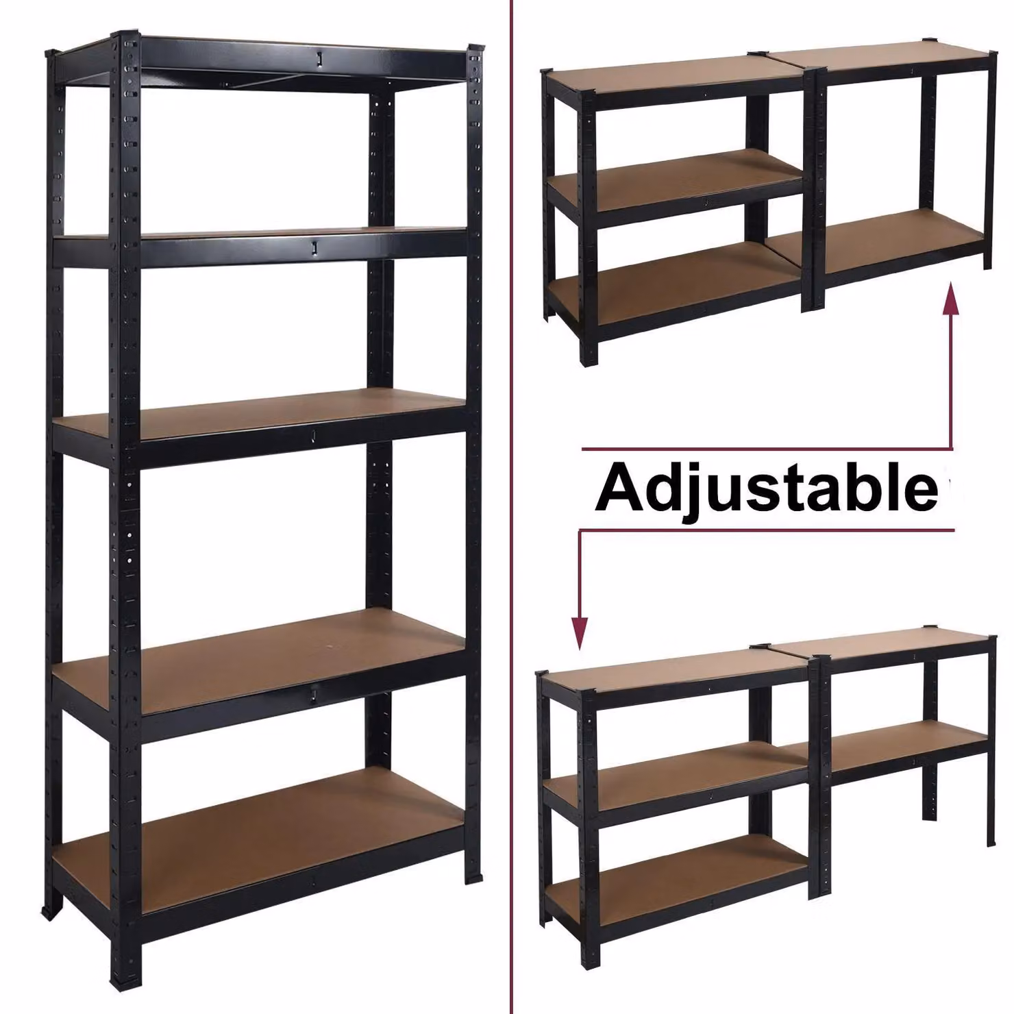 House of Home Heavy Duty 5 Tier Boltless Steel Shelving Unit with MDF Shelves, Black, H 180 x W 90 x D 40 cm – 4