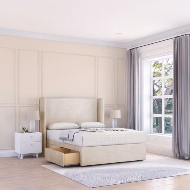 Sloomy Devonshire Plush Wingback Bed Set with 2 Drawers and Floor Standing Headboard in Beige, Super King, W/D/H: 200 x 200 cm
