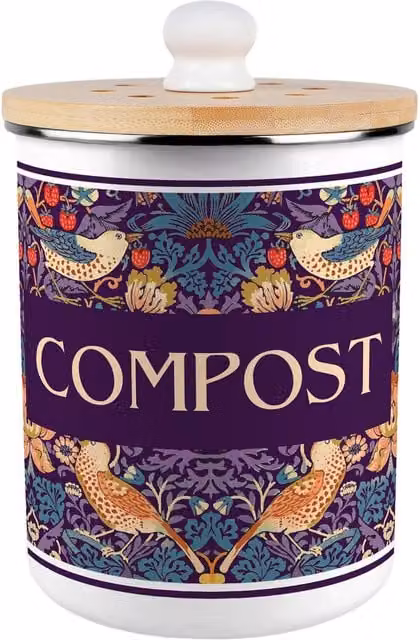 Purely Home Strawberry Thief Metal Compost Caddy with Flip Lid, 2L, Purple