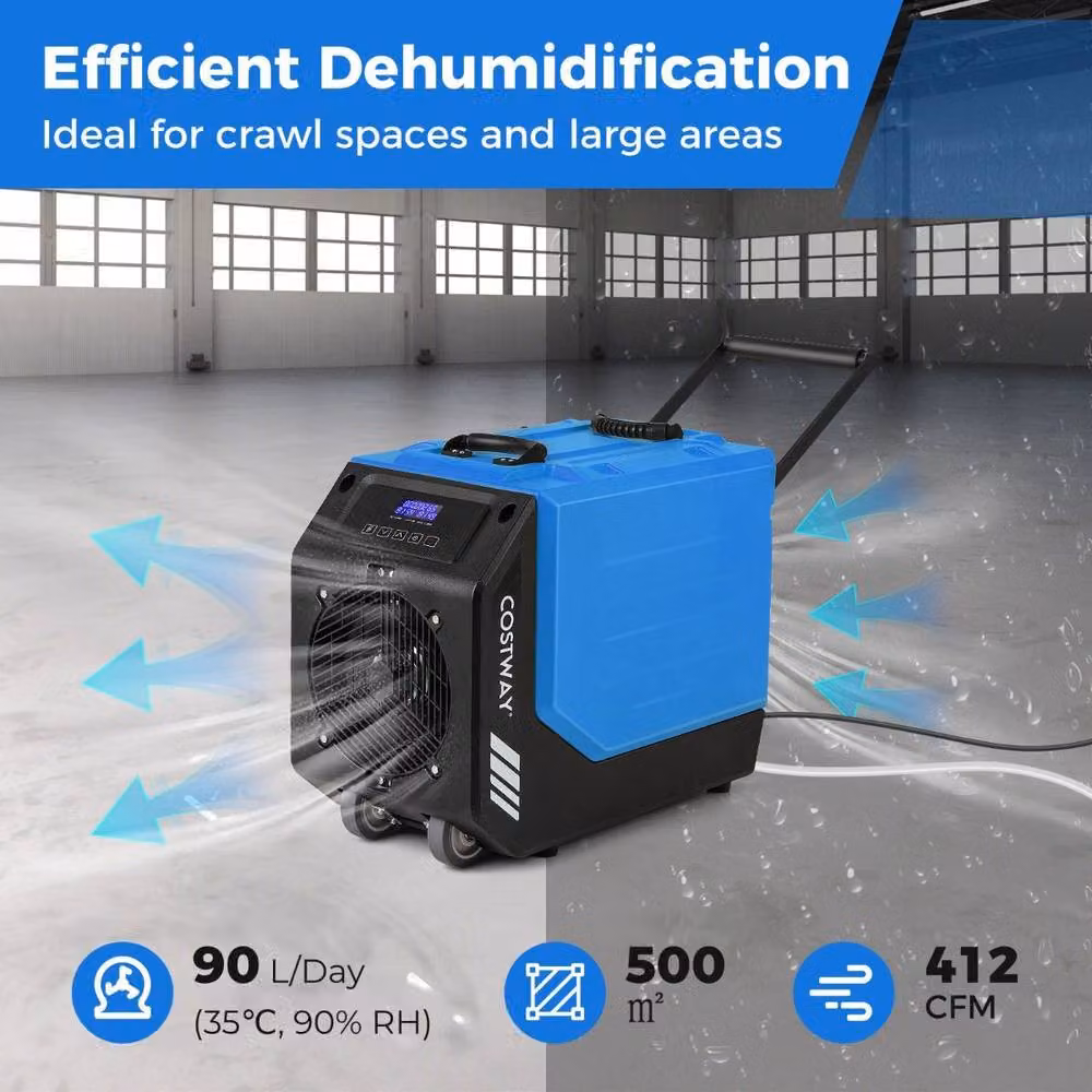 Costway Commercial Dehumidifier with Pump and Wheels, Blue, 90L/Day Capacity for up to 500m2 – 3