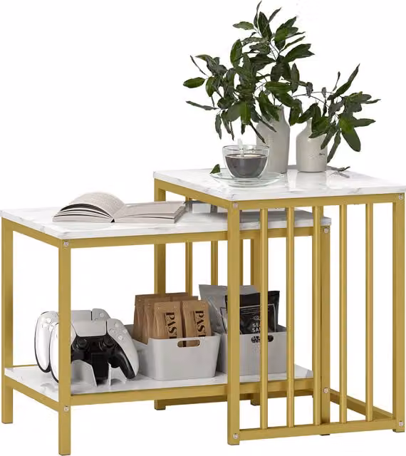 HOMCOM Set of Two Modern Marble-Effect Nesting Coffee Tables with Gold Tone Steel Frame – 1