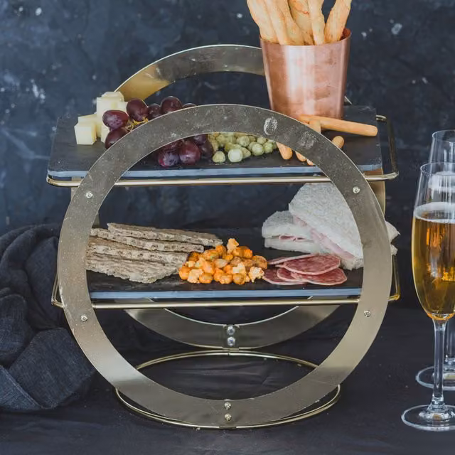 Artesa Black Wheel Frame Serving Stand with Round Slate Base