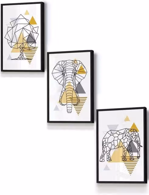 ARTZE Geometric Line Art Yellow Elephant Tree Set Framed Wall Art in Black, Grey and Yellow, W: 33 cm, H: 45 cm, D: 2 cm