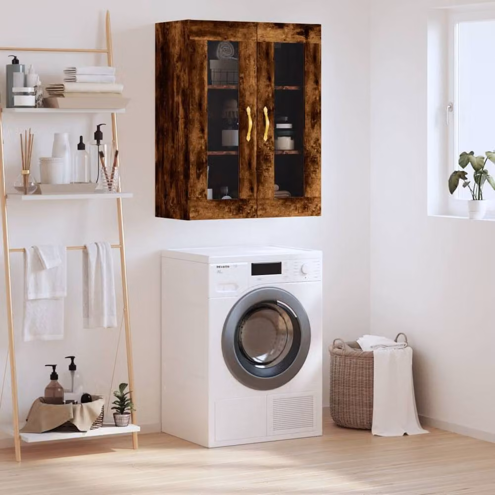Berkfield Home Wall Mounted Smoked Oak Cabinet with Glass Doors in Brown, W/D/H: 69.5 x 34 x 90 cm – 2
