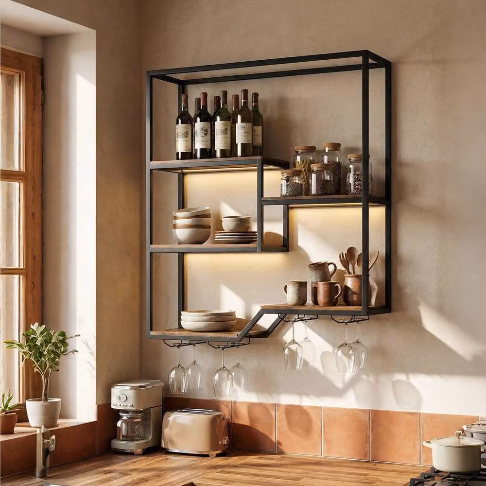 Costway 5-Tier Wall Mounted Industrial Wine Display Shelf with Glass Holders in Brown – 6