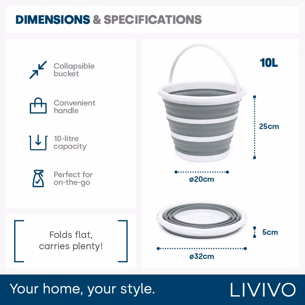 LIVIVO Collapsible 10L Silicone Bucket with Pouring Spout in Grey – 7