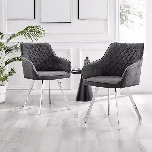 FurnitureboxUK Set of 2 Falun Dark Grey Fabric Dining Chairs with Silver Metal Legs
