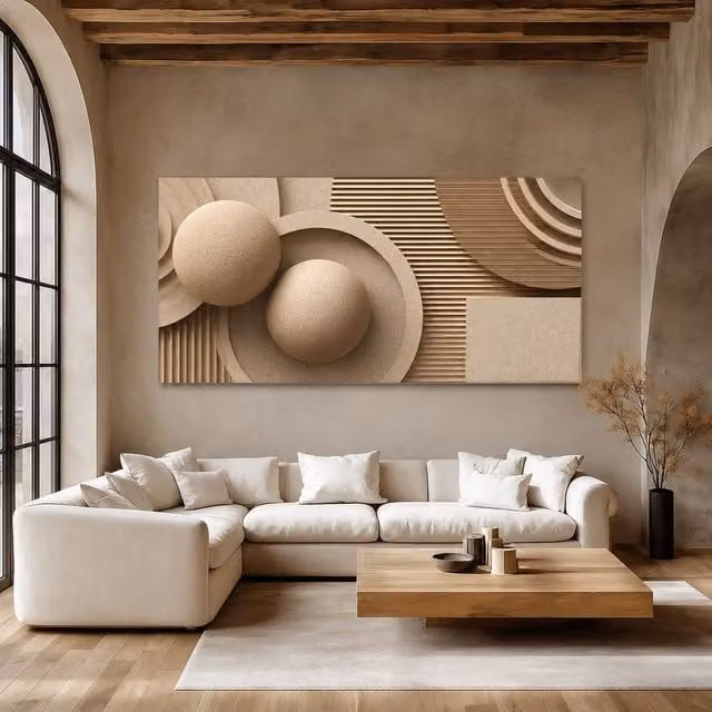 Mafett Large Beige Abstract Canvas Wall Art Round Minimalist Graphic Print W/D/H: 150 x 80 x 1 cm
