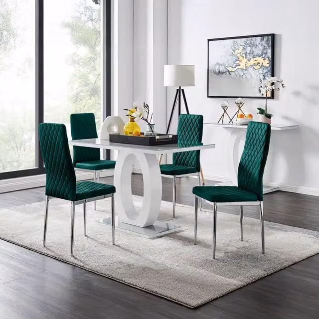FurnitureboxUK Giovani Dining Set with Grey Rectangular Glass Table and 4 Green Velvet Milan Chairs