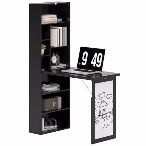 HOMCOM Wall Mounted Folding Computer Desk with Whiteboard in Black or White – 1