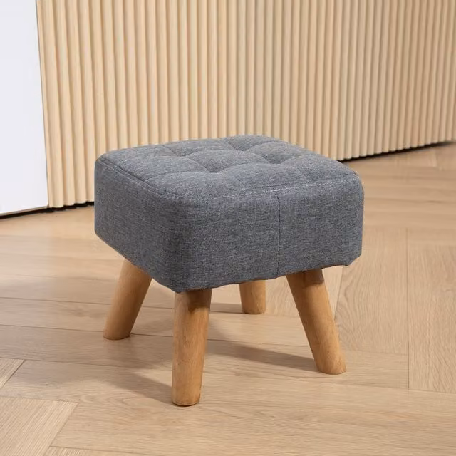 HOMCOM Tufted Fabric Foot Stool with Rubberwood Legs in Grey