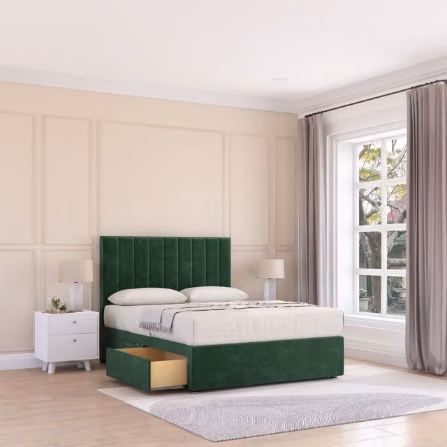 Sloomy Kansas Single Divan Bed Base and 26 inch Struts Headboard in Green Velvet Fabric, W/D/H: 90 x 200 cm