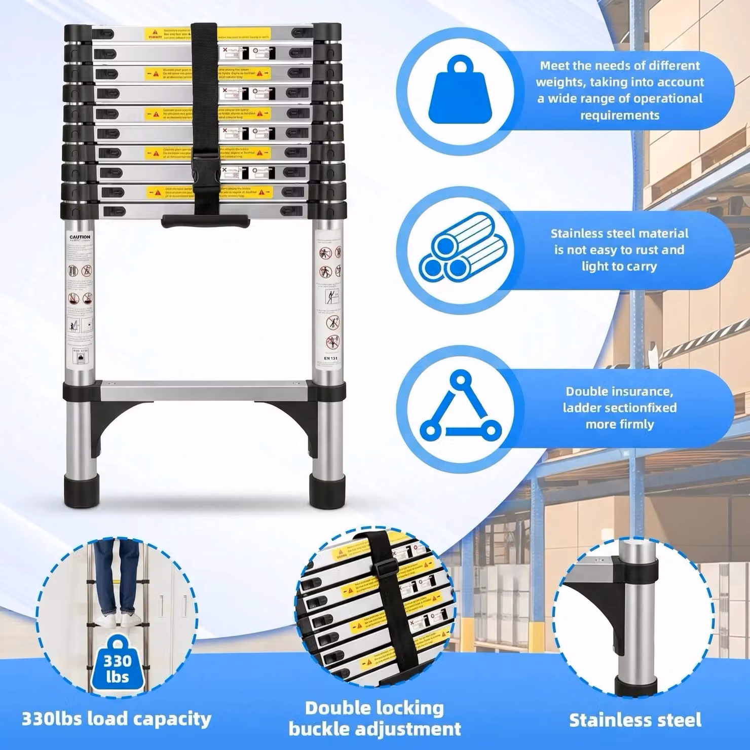 Alivio Heavy-Duty 3.2m Telescopic Extendable Collapsible Aluminium Ladder in Silver with 150kg Capacity – 6