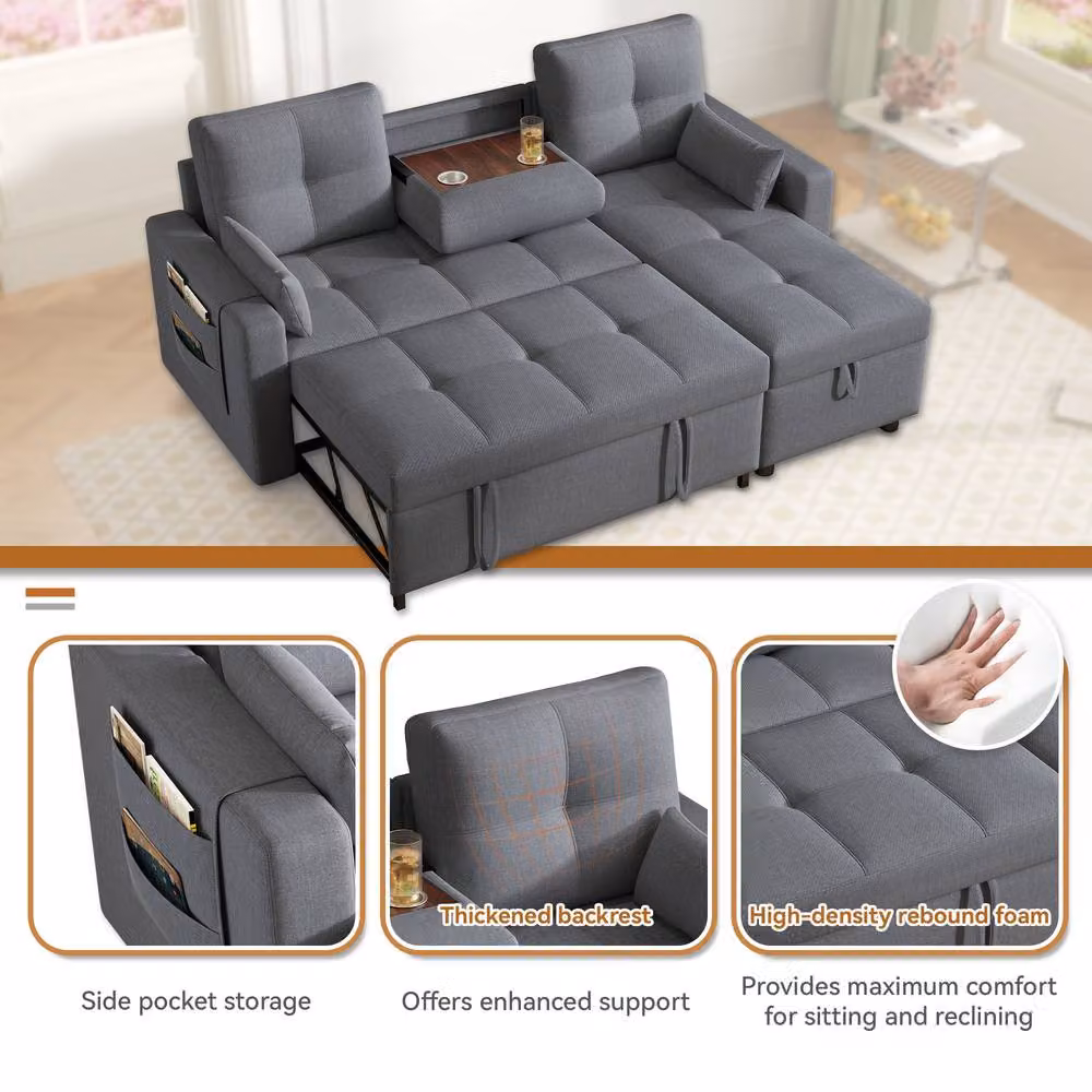 Merax Reversible L-Shaped Corner Sofa Bed with Drop-Down Cup Holder Table in Grey, W/D/H: 211 x 136 x 87 cm – 4