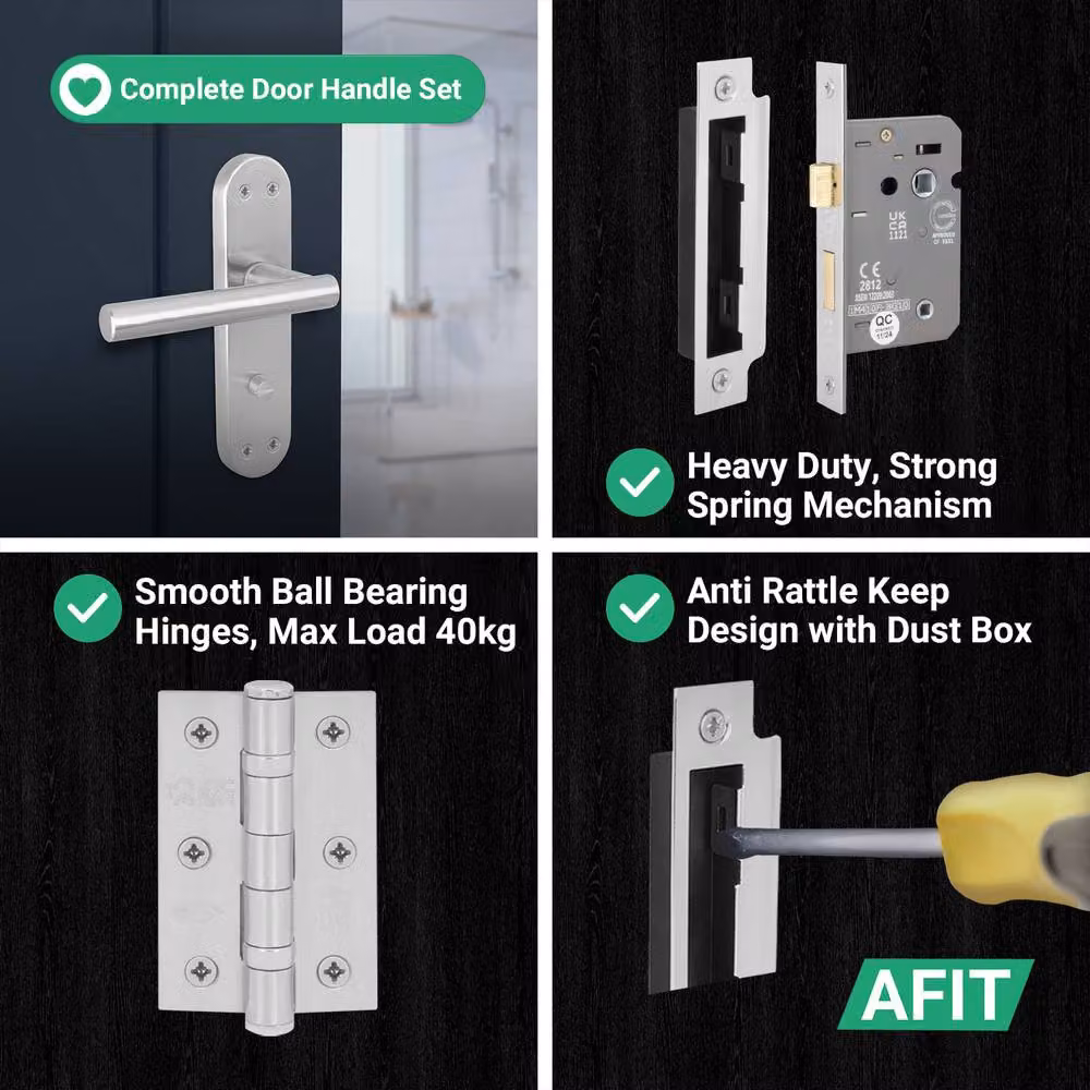 AFIT Satin Nickel T-Bar Bathroom Door Handle Set with Lock and Hinges, Silver, 1 Pair – 3