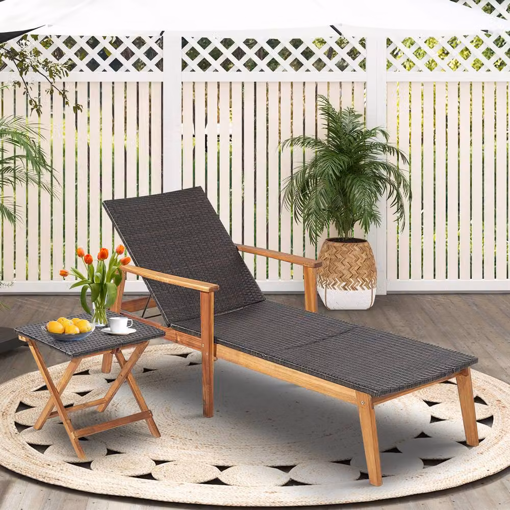 Costway Brown Rattan Outdoor Patio Chaise Lounge Recliner with Acacia Wood Frame – 5