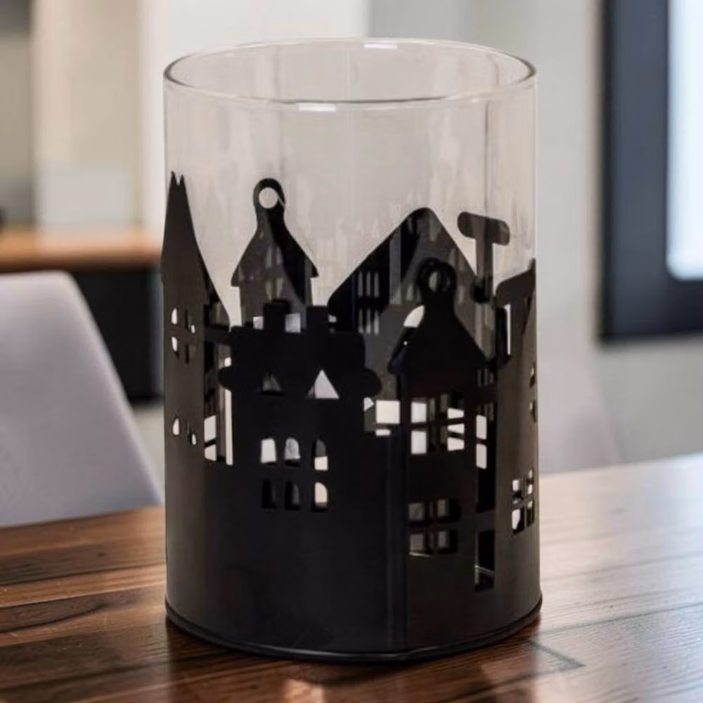 Four Candle Black Metal House Scene Candle Holder with Glass Insert – 2