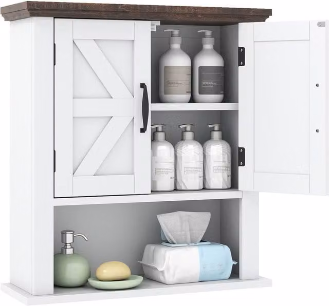 Costway White Farmhouse Wall Mounted Medicine Cabinet with Hinged Doors and Internal Shelves