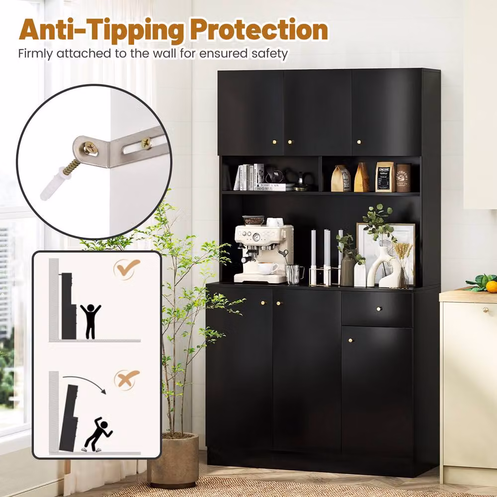 Costway Modern Black Tall Kitchen Cupboard Buffet Pantry Storage Cabinet with USB Ports – 6