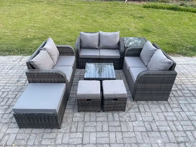 Fimous 9 Seater Grey Rattan Garden Furniture Set with U-Shape Sofa, Coffee Table and Ottomans
