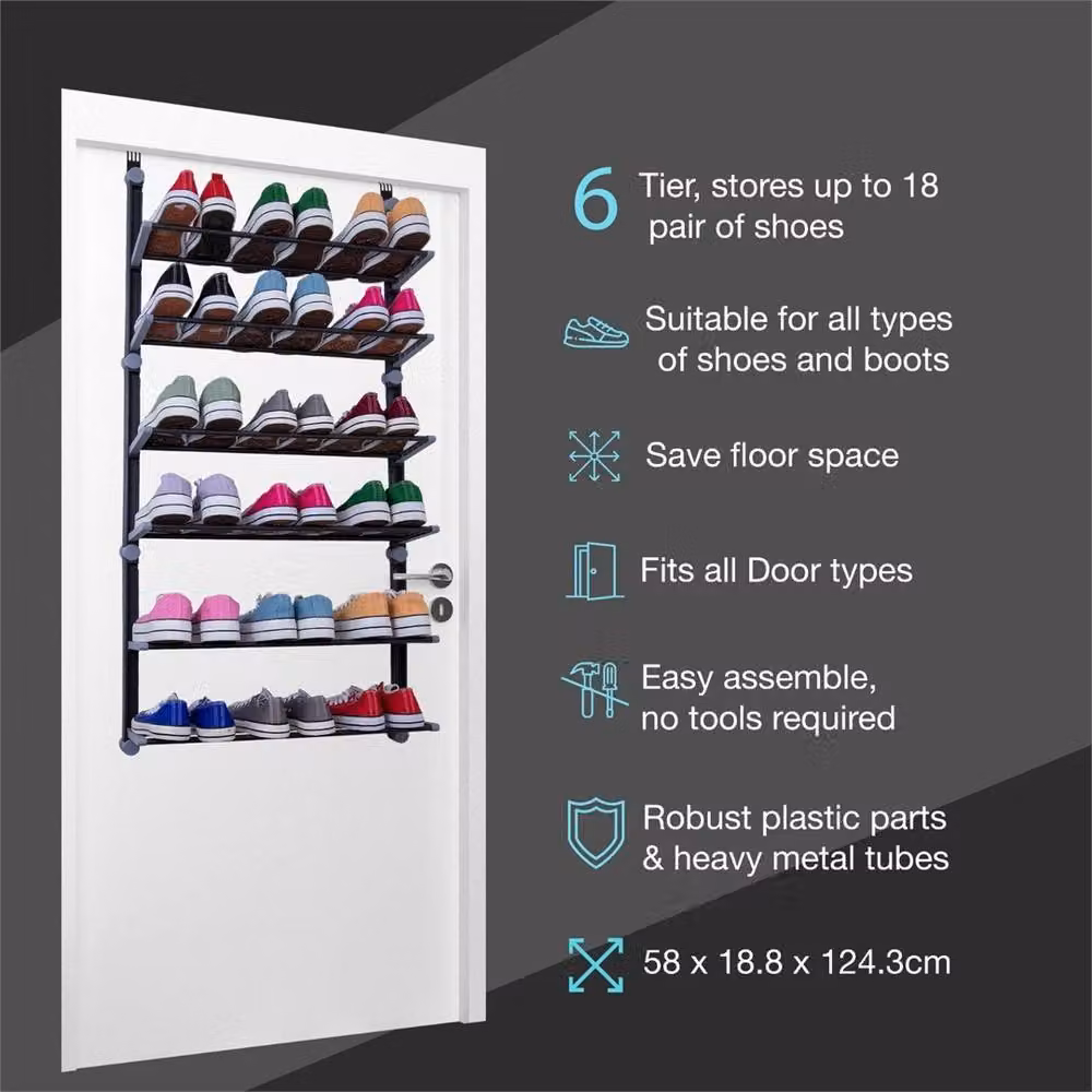 Nordara 6 Tier Foldable Non-Slip Metal Hanging Shoe Organiser, Black, W: 100 cm x H: 100 cm – 2