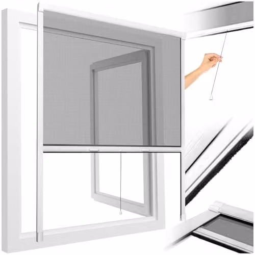 tectake Roller Fly Screen for Windows with Aluminium Frame and Black Fibreglass Mesh, White, W: 130 cm, H: 160 cm