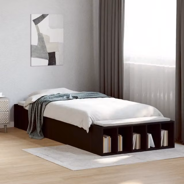 Berkfield Home Modern Single Bed Frame in Black with Side Compartments, W/D/H: 90 x 190 cm