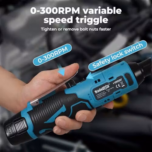 Traderight 12V Cordless Electric Ratchet Wrench with 3/8 inch Drive, 42Nm Max Torque, Variable Speed, LED Work Light and 2 x 1500mAh Batteries in Blue – 4