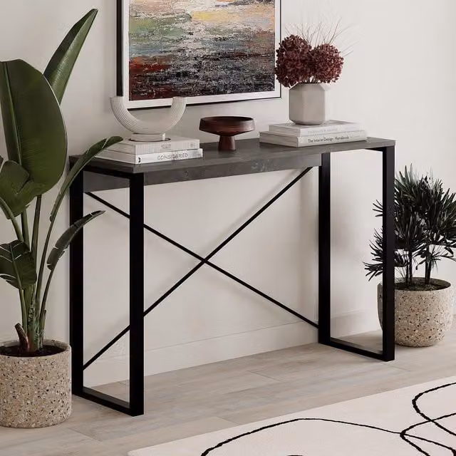 FWStyle Large Modern Console Table for Hallway and Living Room with Black Metal Frame in Retro Grey