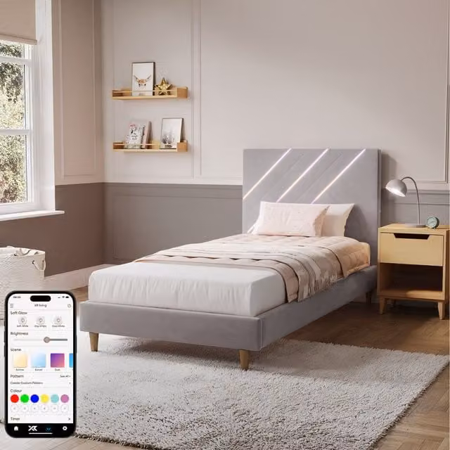 XR Living Lily Single Bed Frame in Grey Velvet with App Controlled LED Under-Bed Lighting