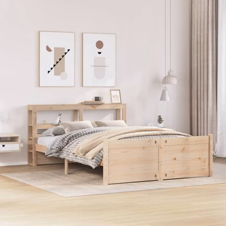 Berkfield Home Small Double Bed Frame with Headboard in Beige, Solid Pine Wood, W/D/H: 120 x 200 cm