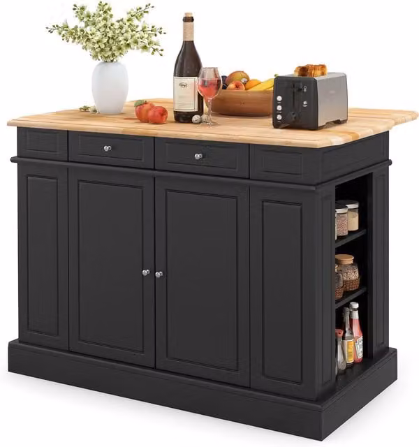 COSTWAY Black Drop-Leaf Kitchen Island with Adjustable Rubberwood Shelves