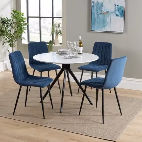 Core Products Aspen 5-Piece Dining Set with Round White Wood Table and 4 Blue Fabric Upholstered Chairs – 2