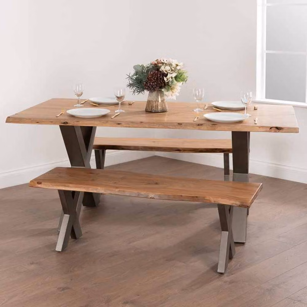 Lemon Pavilion Live Edge Acacia Wood and Metal Bench in Brown and Grey, W/D/H: 180 x 40 x 45 cm – 2