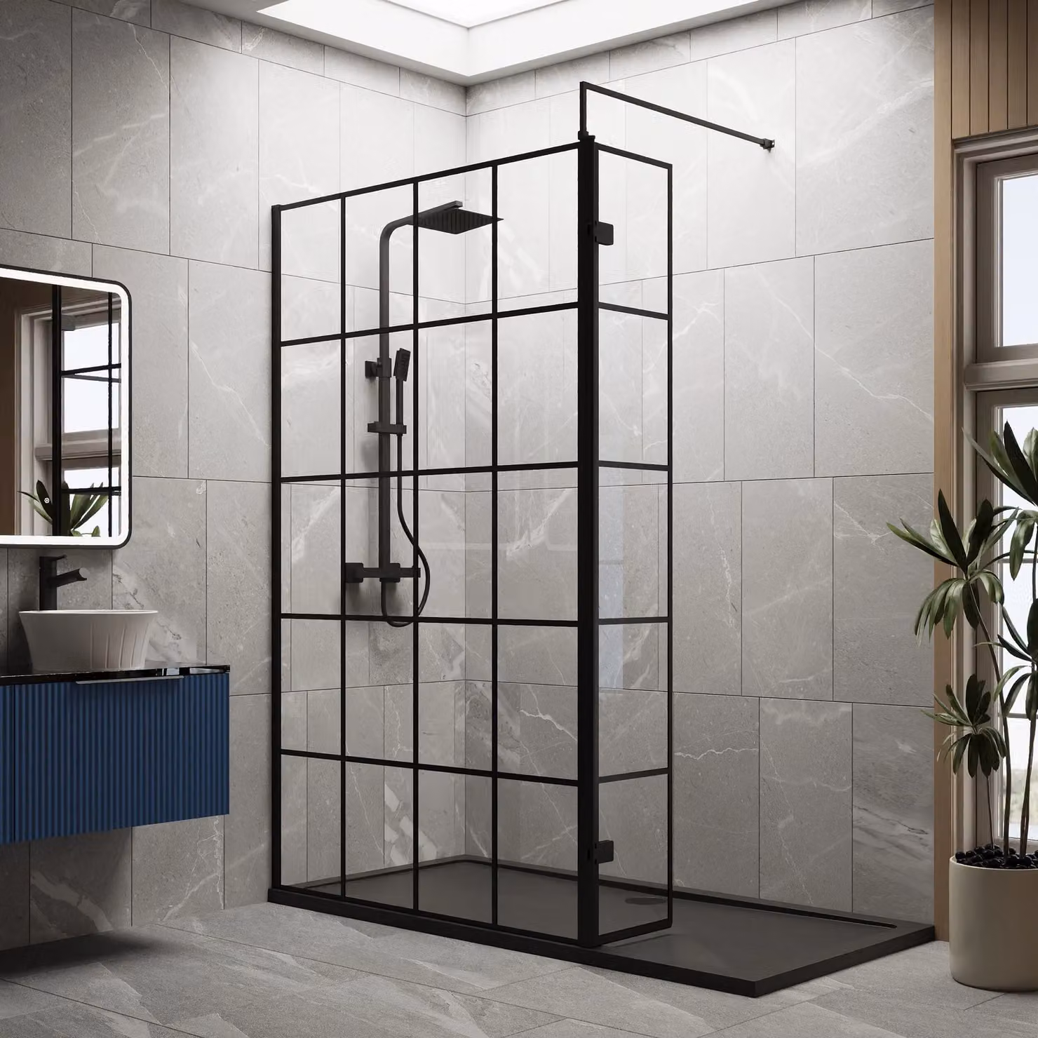 Balterley 8mm Glass Walk-In Wetroom Screen with Return and Tray, Black Framed, W/D/H: 1700 x 700 mm – 2