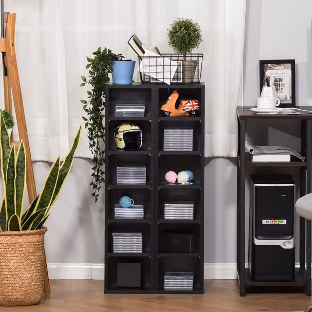 HOMCOM Set of 2 Black MDF CD Media Display Shelf Units with Media Compartments