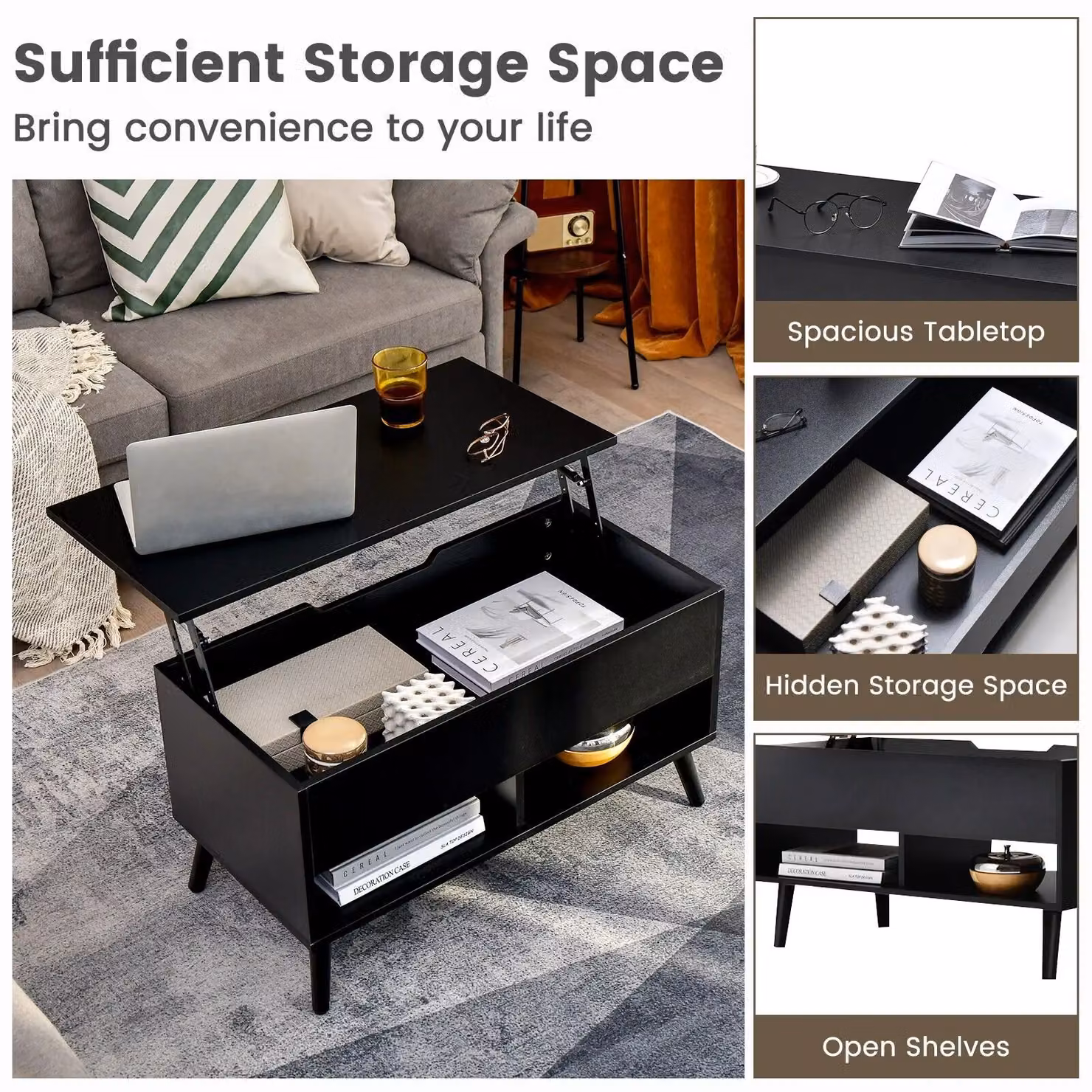 Gymax Modern Rectangular Lift Top Coffee Table with 2 Open Shelves in Black – 6