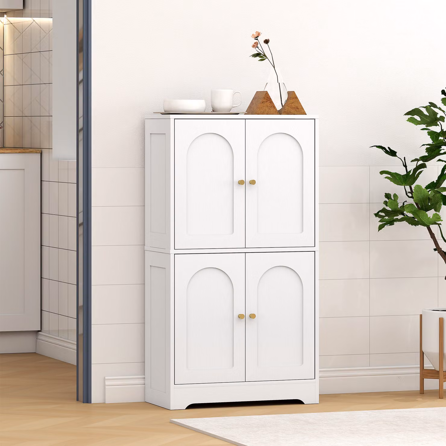 HOMCOM Modern White and Gold 4-Door Freestanding Kitchen Storage Tall Unit with Internal Shelves and Hinged Doors – 3