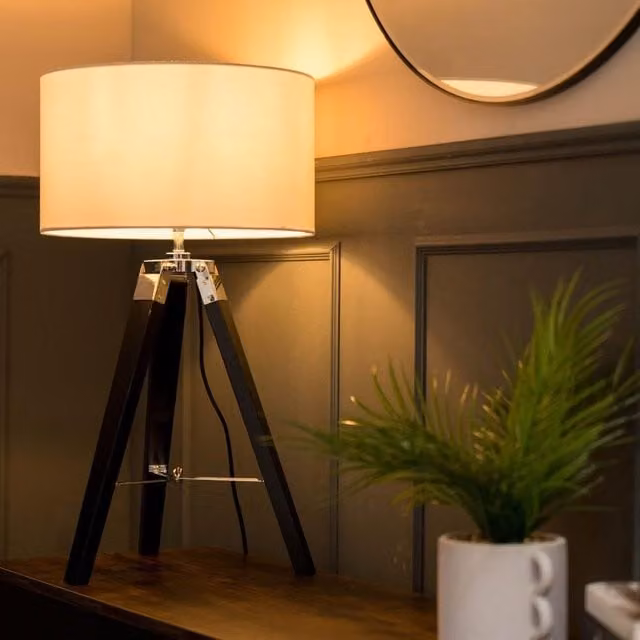 ValueLights Clipper Black Wood Tripod Table Lamp with White Fabric Cylinder Shade – 1