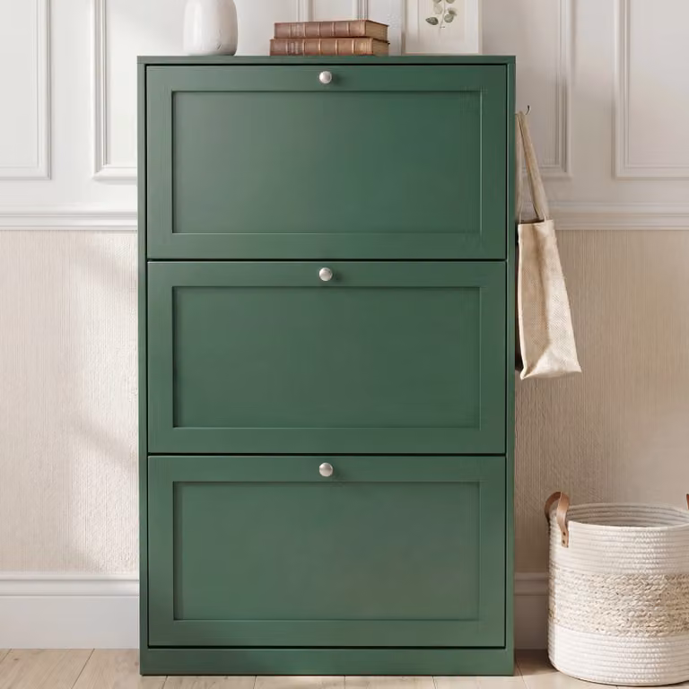 Shaker 3 Drawer Slim Shoe Cabinet Hallway Storage Unit in Green