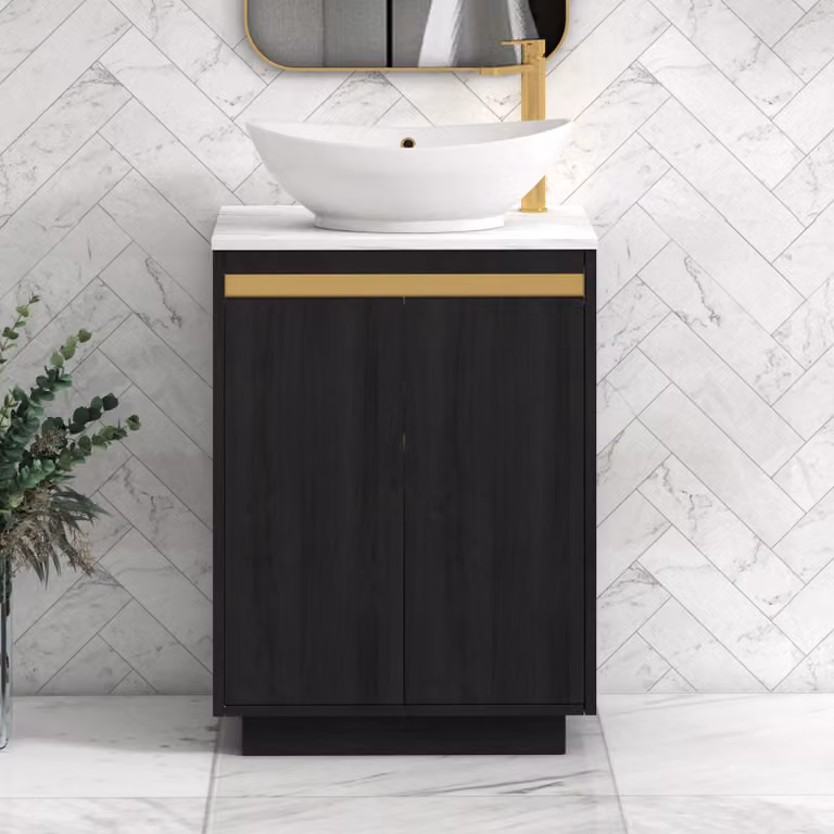 Royal Bathrooms Orion 600mm Hale Black Floor Standing 2 Door Vanity Unit with Carrara White Amaze Basin and Brushed Brass Accent Trim