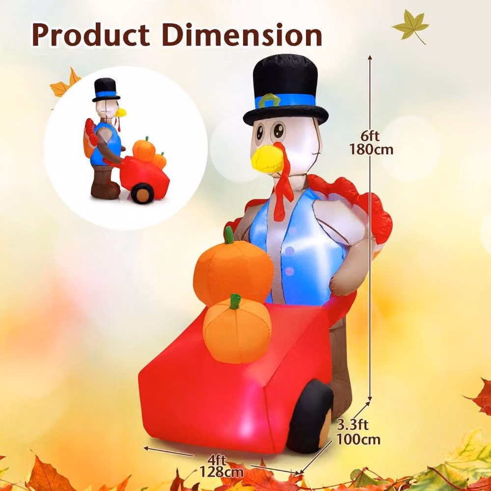 Costway 6ft Multicolour Inflatable Thanksgiving Turkey with Pumpkin Cart and Lights – 2